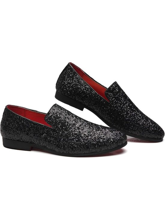 Men\'s Black Leather Glitter Sparkly Loafers Slip On Tuxedo Formal Events Shoes